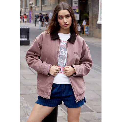 Unisex Gül Kurusu Kadife Yakalı Kürk Astar Detaylı Oversize Tuval Bomber Ceket