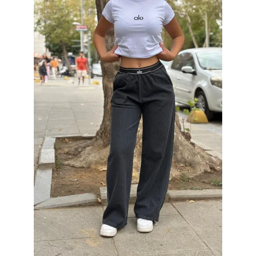 AO Baskılı Siyah Denim Kot Pantolon