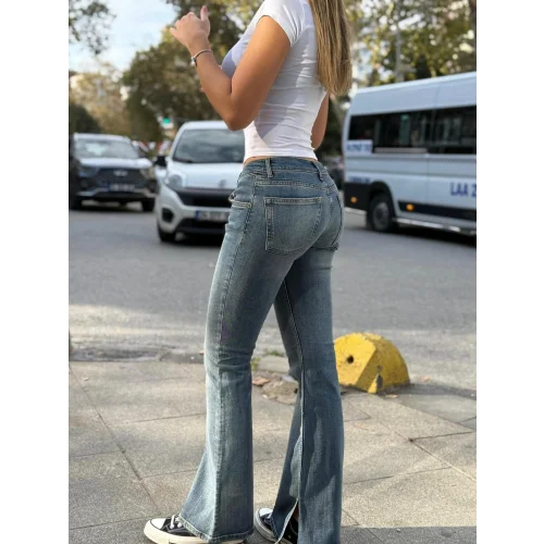 Y2K Retro Düşük Bel Paça Yırtmaçlı Açık Mavi Bootcut Jean Pantolon