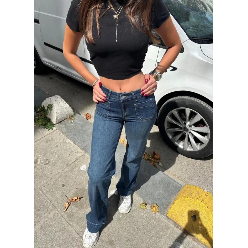 Koyu Mavi Orta Bel Cepli Kot Pantolon Çizme Paça Jean