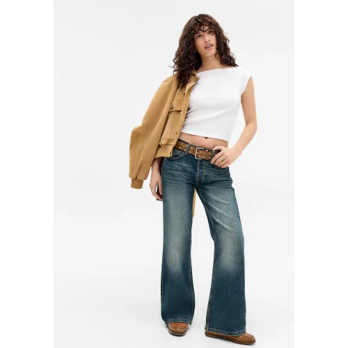 Orta Bel Rahat Kesim Flared Geniş Paça Vintage Mavi Kot Pantolon