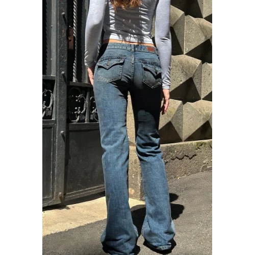 Y2K Vintage Retro Eskitme Süper Arka Cepli Düşük Bel İspanyol Paça Jean