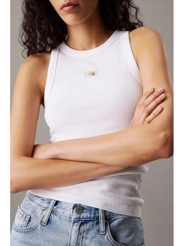 CKL Streç Slim Fit Bisiklet Yaka Body Beyaz Ribanalı Halter Yaka Crop Top