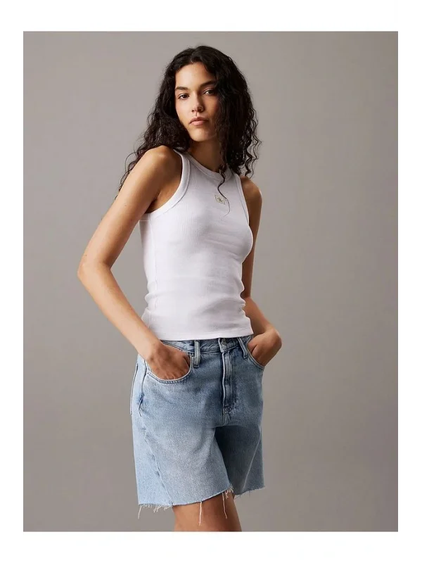 CKL Marka Muadili Streç Slim Fit Bisiklet Yaka Body Beyaz Ribanalı Halter Yaka Crop Top