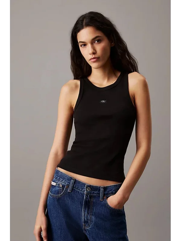 CKL Marka Muadili Streç Slim Fit Bisiklet Yaka Body Beyaz Ribanalı Halter Yaka Crop Top