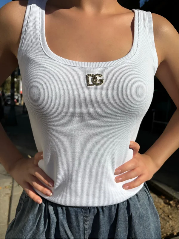 Taşlı Marka Muadili Logo Detaylı Beyaz Atlet Şık ve Rahat Kadın Üst