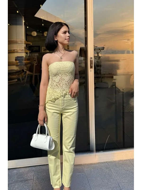 Asimetrik Kesim Slim Fit Straplez Dantel Bluz Astarlı Zarif Tasarım
