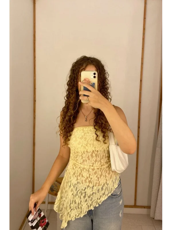 Asimetrik Kesim Slim Fit Straplez Dantel Bluz Astarlı Zarif Tasarım