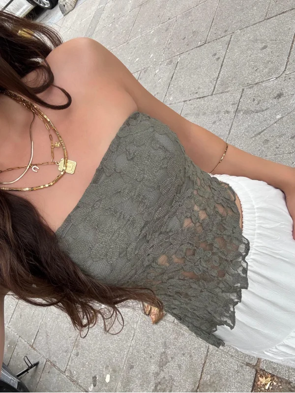 Asimetrik Kesim Slim Fit Straplez Dantel Bluz Astarlı Zarif Tasarım