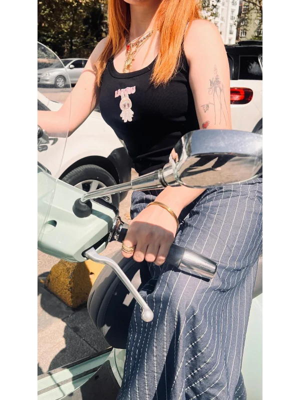 Sevimli Canavar Baskılı Nakış Detaylı Rib Askılı Crop Atlet