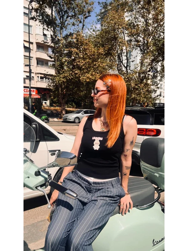 Sevimli Canavar Baskılı Nakış Detaylı Rib Askılı Crop Atlet