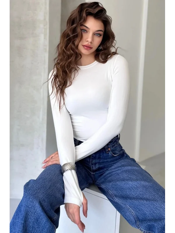 AO Bisiklet Yaka Parmak Detaylı Uzun Kollu Esnek Spor T-Shirt Body