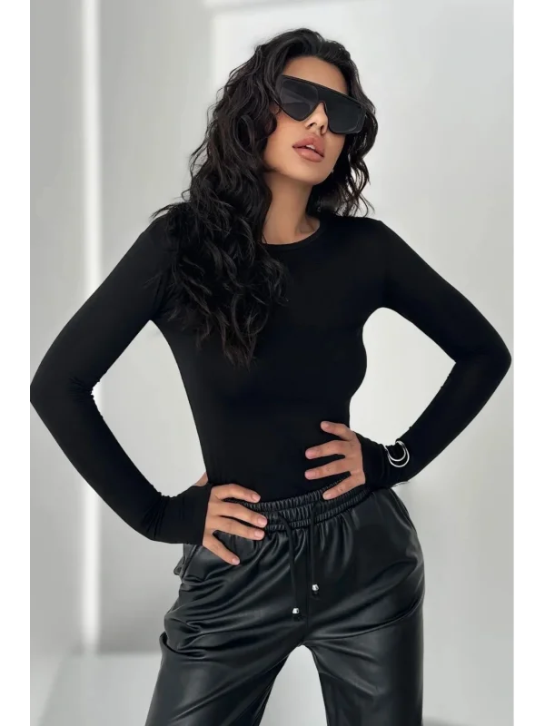 AO Bisiklet Yaka Parmak Detaylı Uzun Kollu Esnek Spor T-Shirt Body