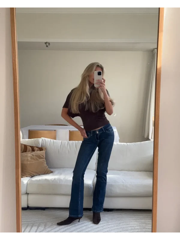 Y2K Vintage Düşük Bel Bootcut Arka Cep Detaylı Koyu Kot Pantolon