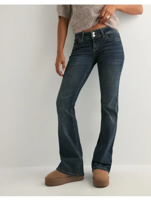 Y2K Vintage Düşük Bel Bootcut Arka Cep Detaylı Koyu Kot Pantolon