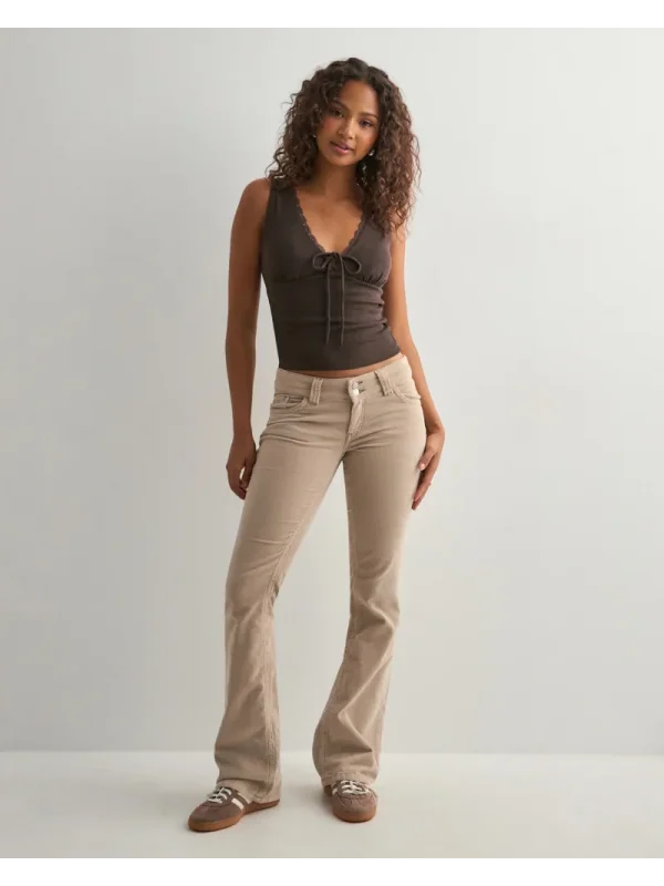 Düşük Bel İspanyol Paça Kadife Çift Dikişli Flare Pantolon