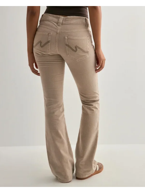 Düşük Bel İspanyol Paça Kadife Çift Dikişli Flare Pantolon