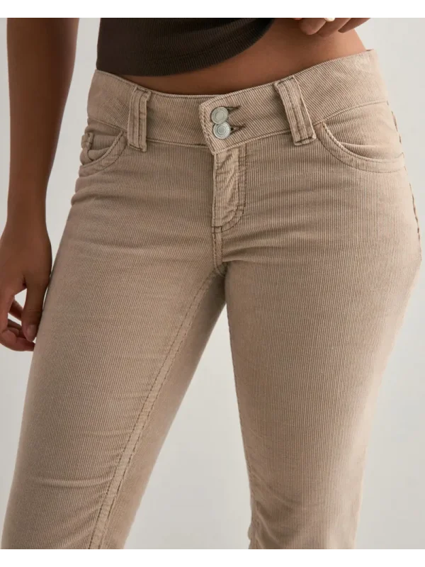 Düşük Bel İspanyol Paça Kadife Çift Dikişli Flare Pantolon