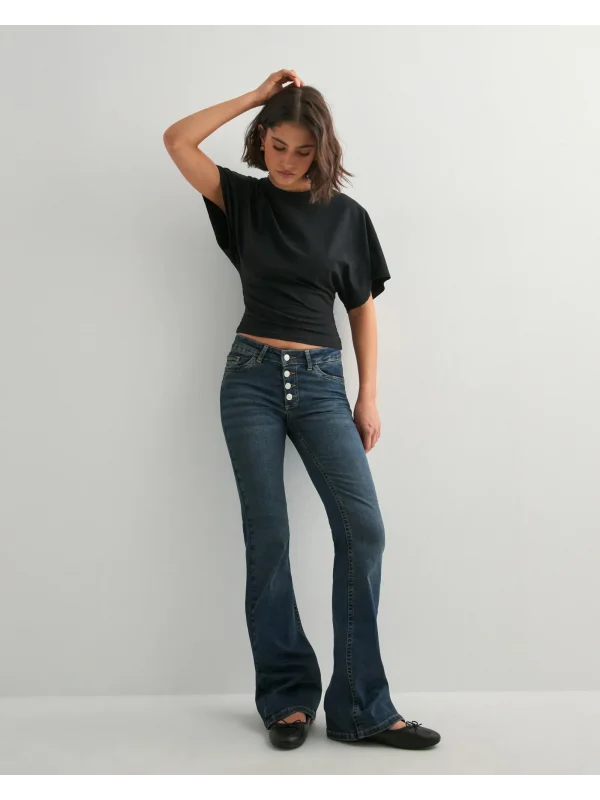 Kadın Ara Bel Düğme Detaylı Bootcut jean pantolon -Açık mavi