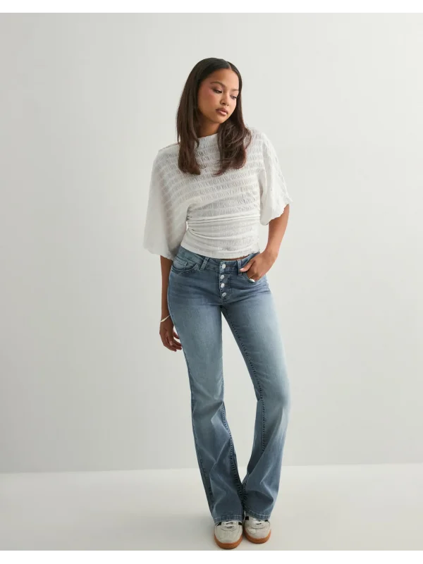 Kadın Ara Bel Düğme Detaylı Bootcut jean pantolon -Açık mavi