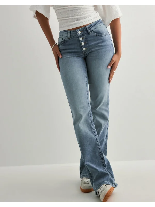 Kadın Ara Bel Düğme Detaylı Bootcut jean pantolon -Açık mavi