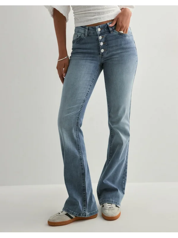 Kadın Ara Bel Düğme Detaylı Bootcut jean pantolon -Açık mavi