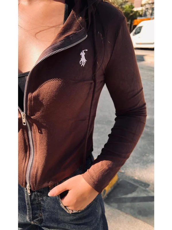 Günlük Hafif Fermuarlı Kapüşonlu İnce Crop Ceket Uzun Kollu Pamuklu Şık Model