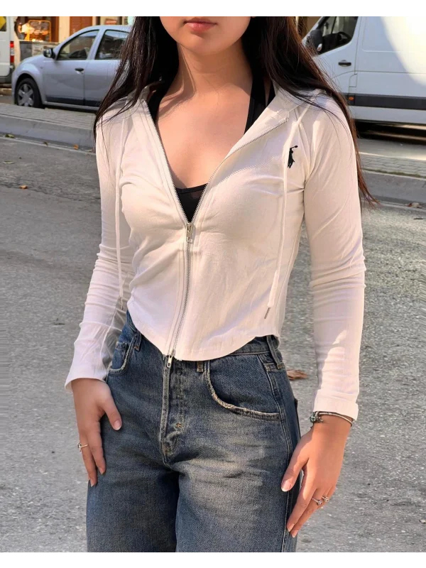 Günlük Hafif Fermuarlı Kapüşonlu İnce Crop Ceket Uzun Kollu Pamuklu Şık Model