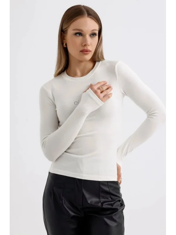 AO Baskılı Bisiklet Yaka Yumuşak Dokulu Belize Parmak Detaylı Uzun Kollu Günlük Rahat Tshirt Bluz