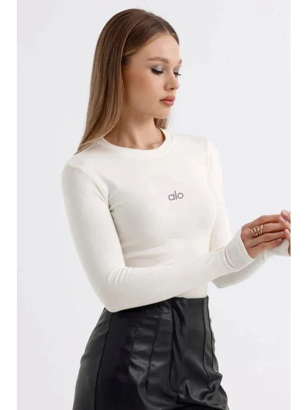 AO Baskılı Bisiklet Yaka Yumuşak Dokulu Belize Parmak Detaylı Uzun Kollu Günlük Rahat Tshirt Bluz