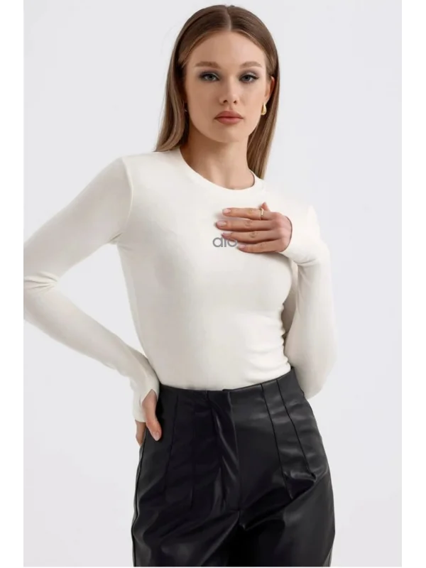 AO Baskılı Bisiklet Yaka Yumuşak Dokulu Belize Parmak Detaylı Uzun Kollu Günlük Rahat Tshirt Bluz