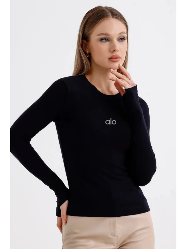 AO Baskılı Bisiklet Yaka Yumuşak Dokulu Belize Parmak Detaylı Uzun Kollu Günlük Rahat Tshirt Bluz