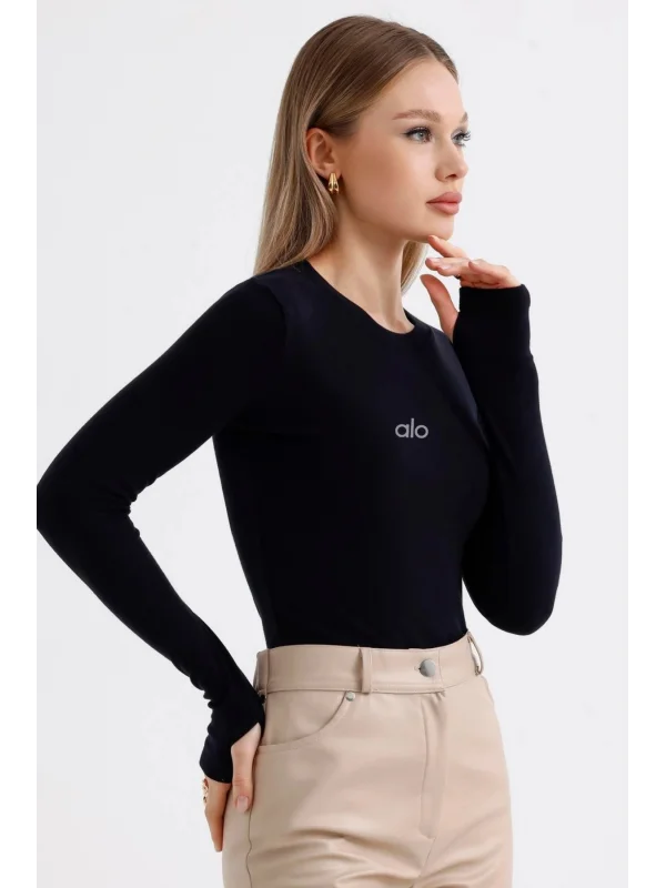 AO Baskılı Bisiklet Yaka Yumuşak Dokulu Belize Parmak Detaylı Uzun Kollu Günlük Rahat Tshirt Bluz