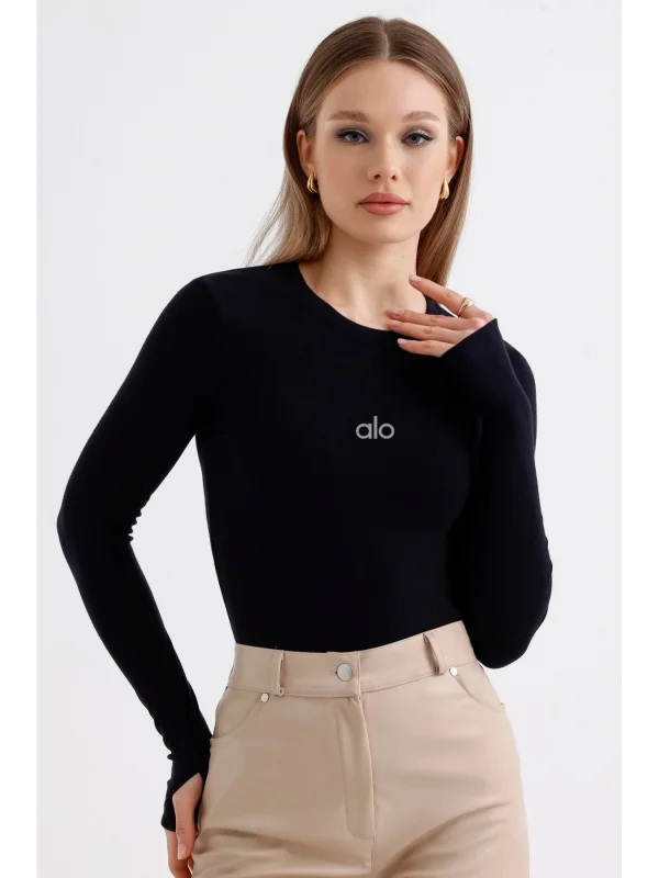 AO Baskılı Bisiklet Yaka Yumuşak Dokulu Belize Parmak Detaylı Uzun Kollu Günlük Rahat Tshirt Bluz