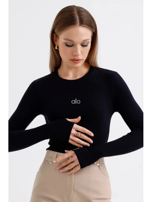 AO Baskılı Bisiklet Yaka Yumuşak Dokulu Belize Parmak Detaylı Uzun Kollu Günlük Rahat Tshirt Bluz