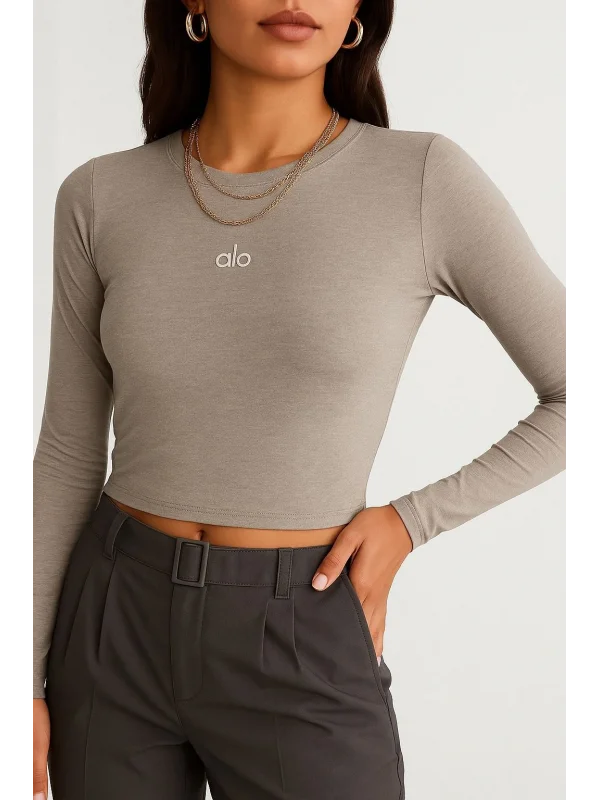 AO Baskılı Bisiklet Yaka Yumuşak Dokulu Uzun Kollu Günlük Rahat Tshirt Bluz