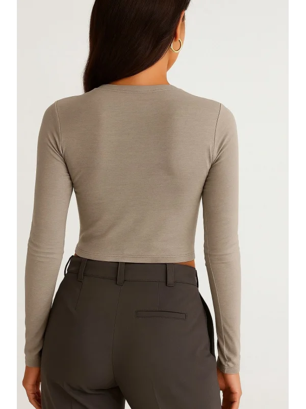 AO Baskılı Bisiklet Yaka Yumuşak Dokulu Uzun Kollu Günlük Rahat Tshirt Bluz