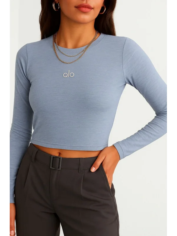 AO Baskılı Bisiklet Yaka Yumuşak Dokulu Uzun Kollu Günlük Rahat Tshirt Bluz