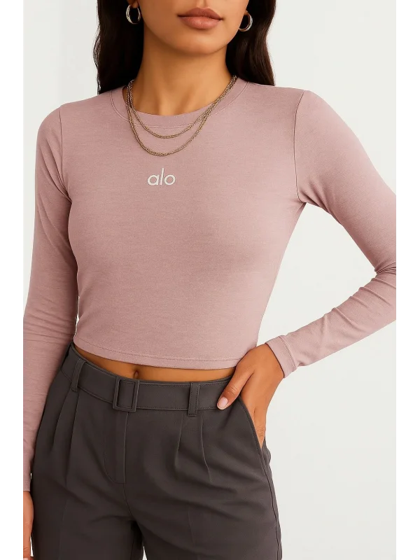 AO Baskılı Bisiklet Yaka Yumuşak Dokulu Uzun Kollu Günlük Rahat Tshirt Bluz