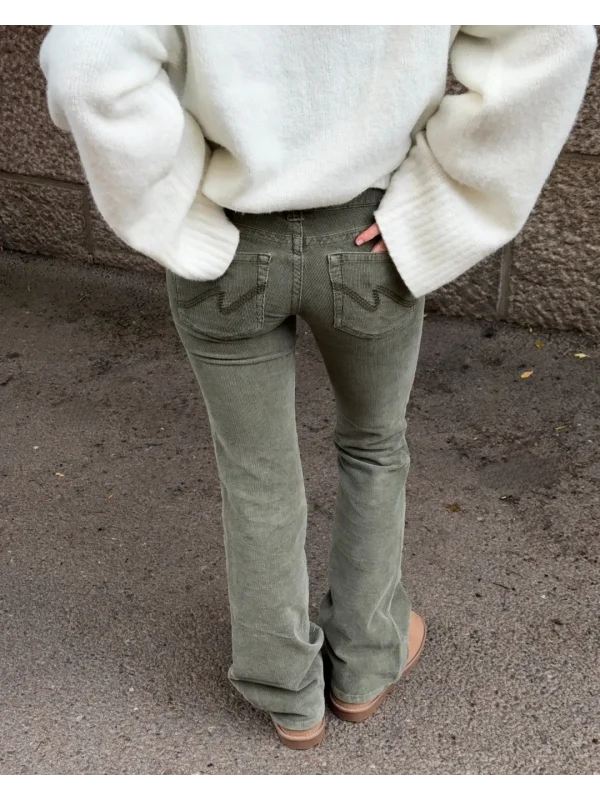 Düşük Bel İspanyol Paça Kadife Çift Dikişli Flare Pantolon