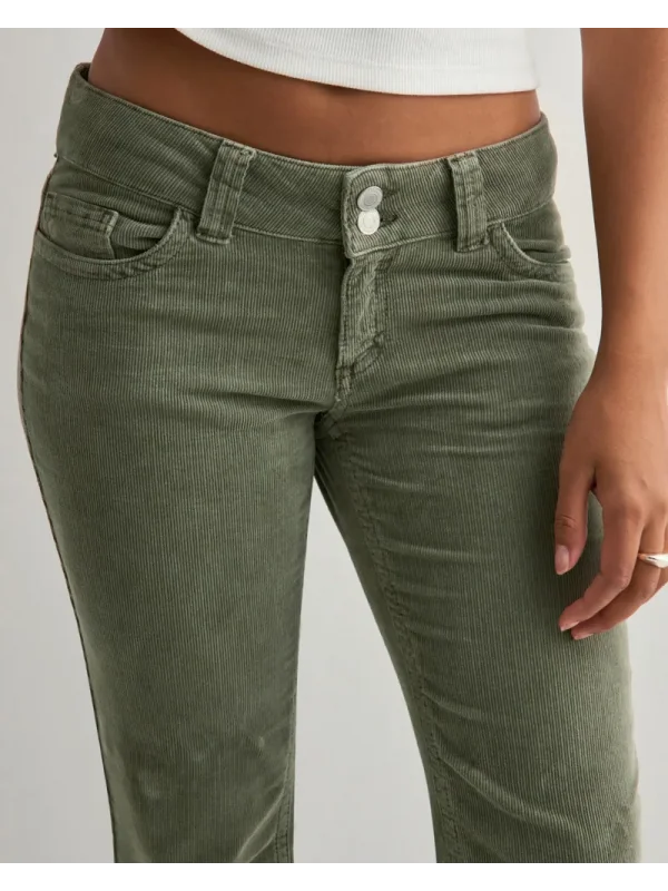 Düşük Bel İspanyol Paça Kadife Çift Dikişli Flare Pantolon