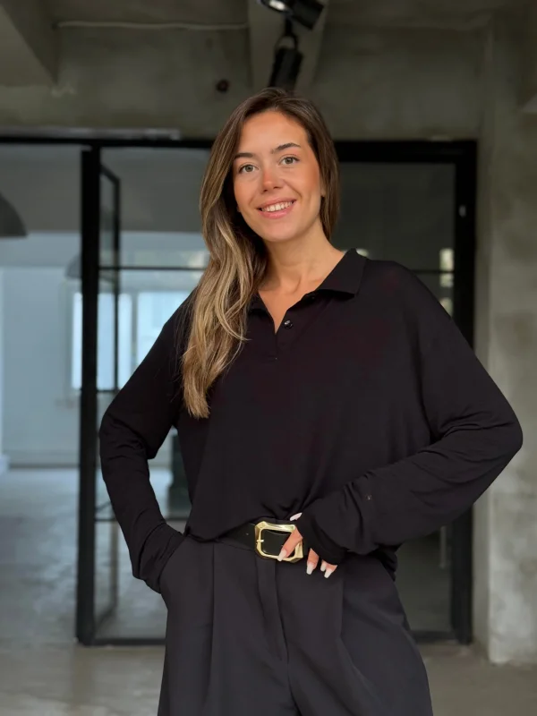 Transparan Oversize Çilek Doku Polo Yaka Uzun Kollu Basic Gömlek Bluz