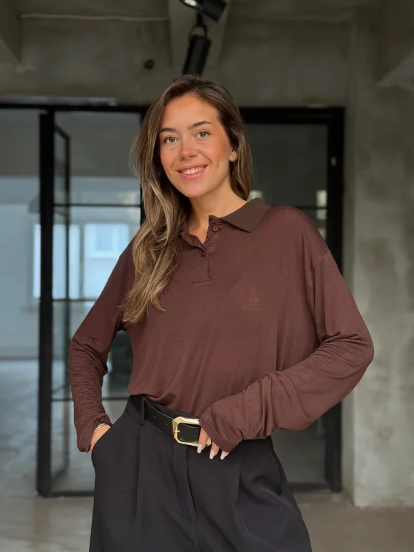 Transparan Oversize Çilek Doku Polo Yaka Uzun Kollu Basic Gömlek Bluz