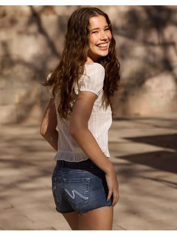 Düşük Bel Arka Cep Dikiş Detaylı Mavi Kot Şort Koyu Mavi Kısa Likralı Mini Stitch