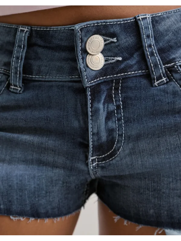 Düşük Bel Arka Cep Dikiş Detaylı Mavi Kot Şort Koyu Mavi Kısa Likralı Mini Stitch