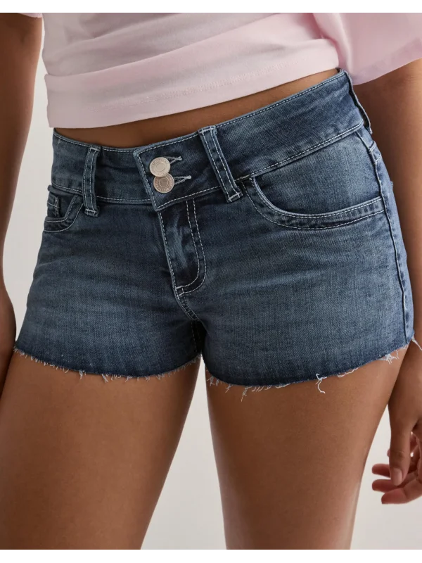 Düşük Bel Arka Cep Dikiş Detaylı Mavi Kot Şort Koyu Mavi Kısa Likralı Mini Stitch