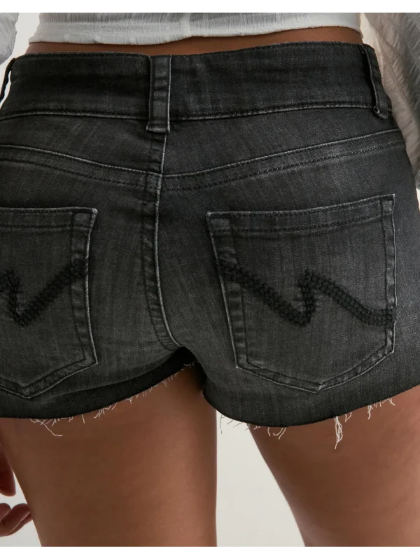 Düşük Bel Arka Cep Dikiş Detaylı Mavi Kot Şort Koyu Mavi Kısa Likralı Mini Stitch