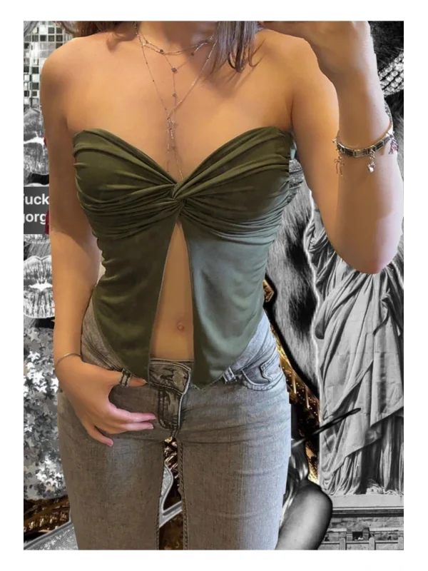 Önü Büzgülü Straplez Kelebek Crop Haki