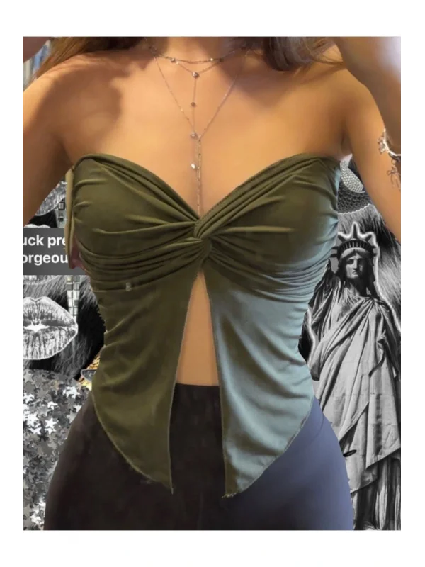 Önü Büzgülü Straplez Kelebek Crop Haki