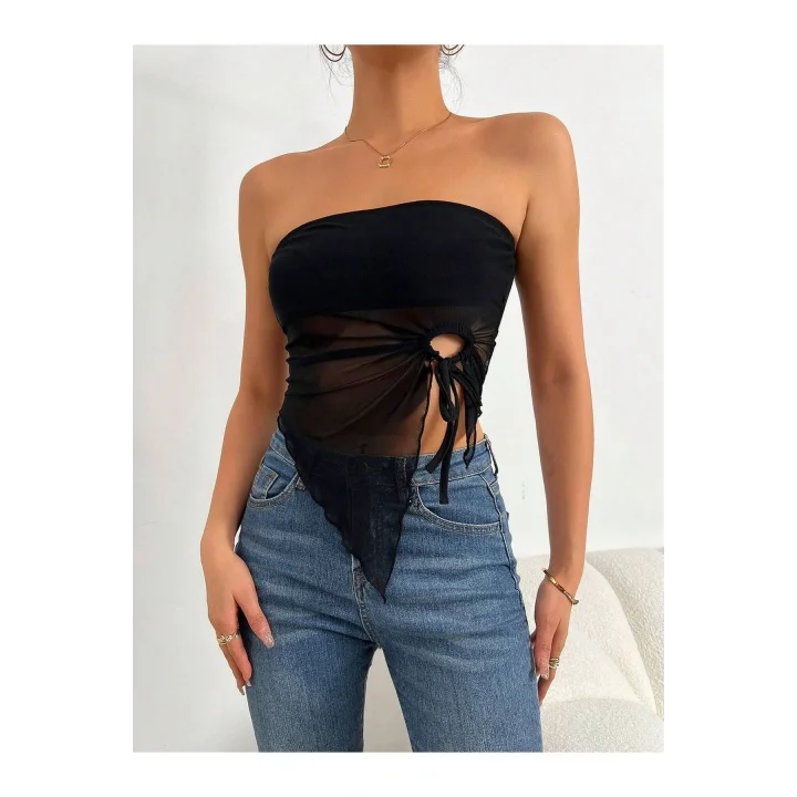y2k Tül Straplez Bağcık Detaylı Crop Top